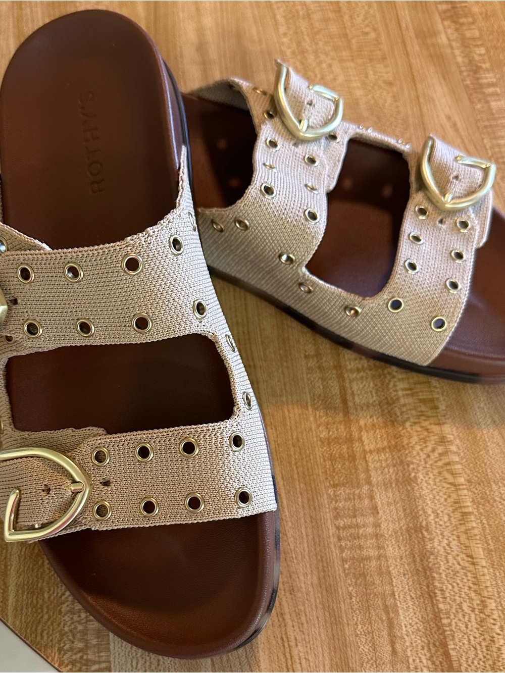Rothy's Tan Canvas Double-Strap Slide Sandals with Gold Buckles - Picture 2 of 8